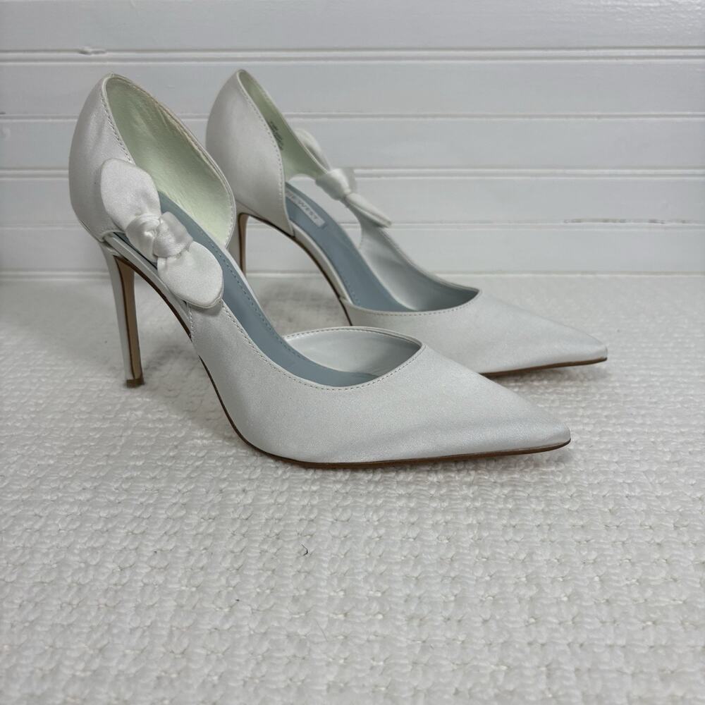 Nine West Fhalon White Satin d'Orsay Bridal Bow Heels Pumps 7.5 Wedding Shoes